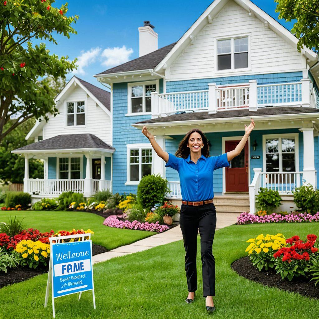 A cheerful and enthusiastic property agent standing in front of a beautiful house, engaging with a happy family as they explore the property. The scene is vibrant with a clear blue sky, lush green lawn, and colorful flowers, showcasing a welcoming atmosphere. Include a sign that reads 'Welcome Home!' in the foreground to symbolize joy and excitement in realty experiences. super-realistic. vibrant colors. bright and inviting.