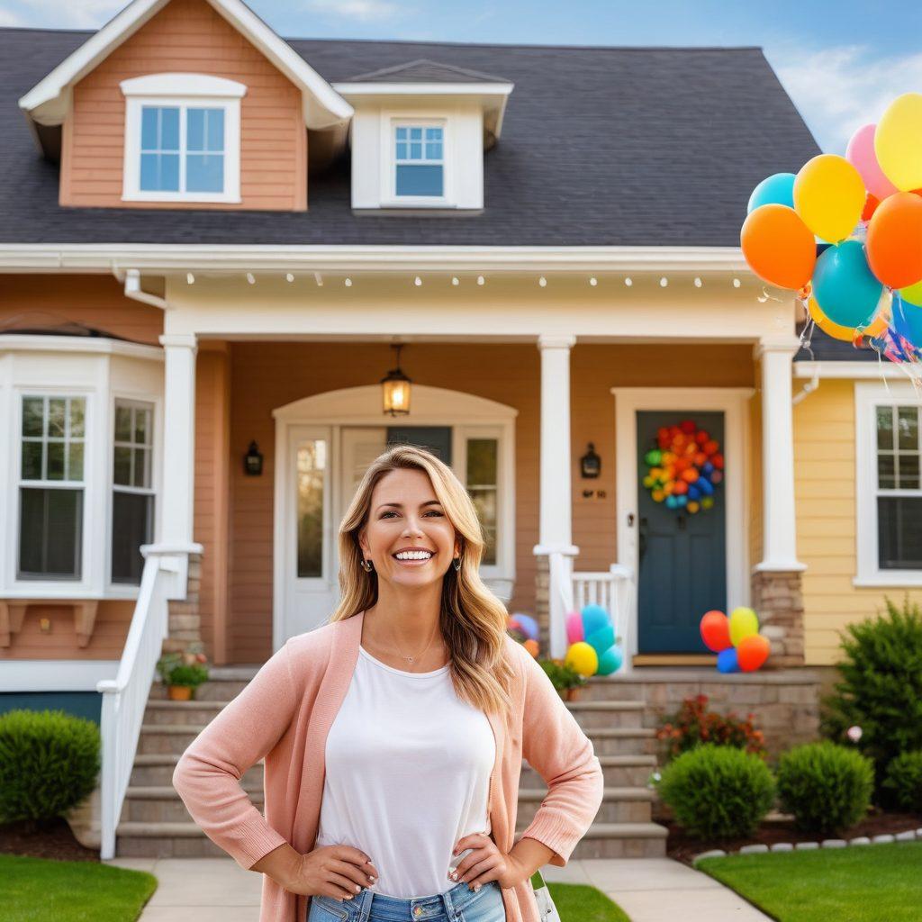 A cheerful realtor with a bright smile, standing in front of a beautiful suburban house with a 'Sold' sign, waving excitedly. The scene is filled with colorful balloons and a sunny sky, symbolizing joy and success in homeownership. The background shows happy families moving in and enjoying their new homes. Bright, uplifting colors and a sense of community ambiance. super-realistic. vibrant colors. sunny background.