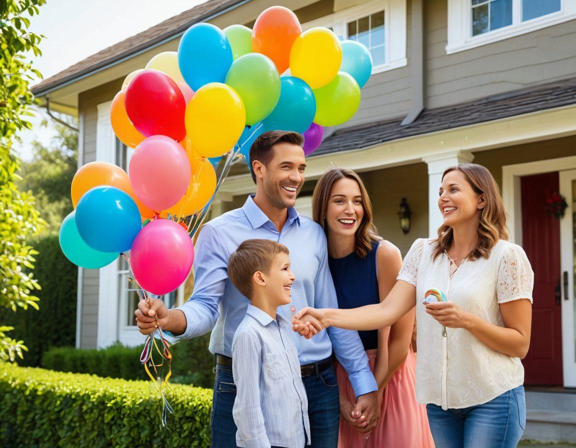 An enthusiastic realtor shaking hands with a smiling family in front of a charming house, balloons in the background, showcasing a sold sign. The realtor is holding a set of keys as if handing them over, radiating joy and satisfaction. The scene is sunny with greenery around, embodying the essence of happiness and successful homeownership. super-realistic. vibrant colors. warm lighting.